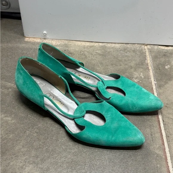 Vintage D’Orsay Flats Women Size 9 Teal Leather Suede Pointed Toe Low Heels - Picture 2 of 6